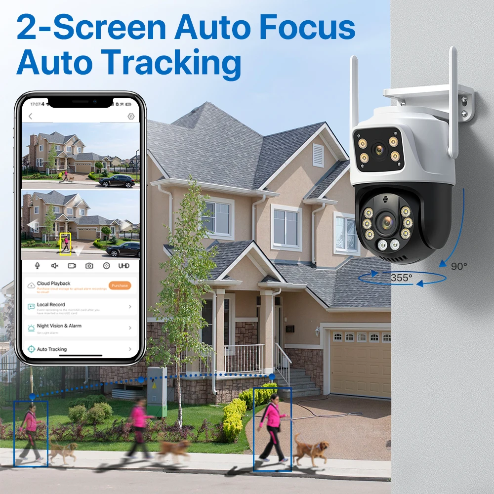 Lauko PTZ 8MP 4K Wifi stebėjimo kamera Dviejų objektyvų dviejų ekranų AI automatinio sekimo apsaugos kamera 