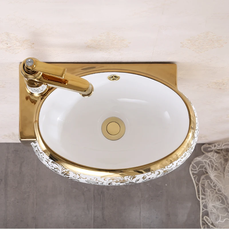 Mažas butas spalvingas auksinis mini keraminis sieninis praustuvas vonios kambario plovimo baseinas kampinis trikampis sieninis baseinas