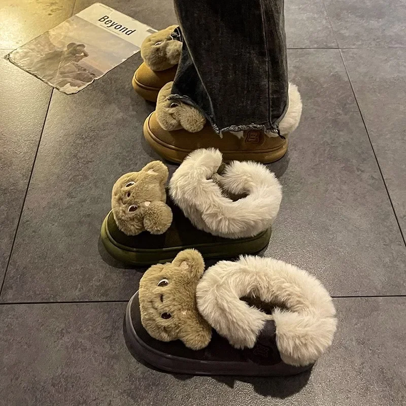 Moteriški medvilniniai batai 2023 Žiema Šiltas animacinis filmas Lokys Kulkšnis Sniego batai Moteriška nauja graži trumpa pliušinė lauko stora avalynė