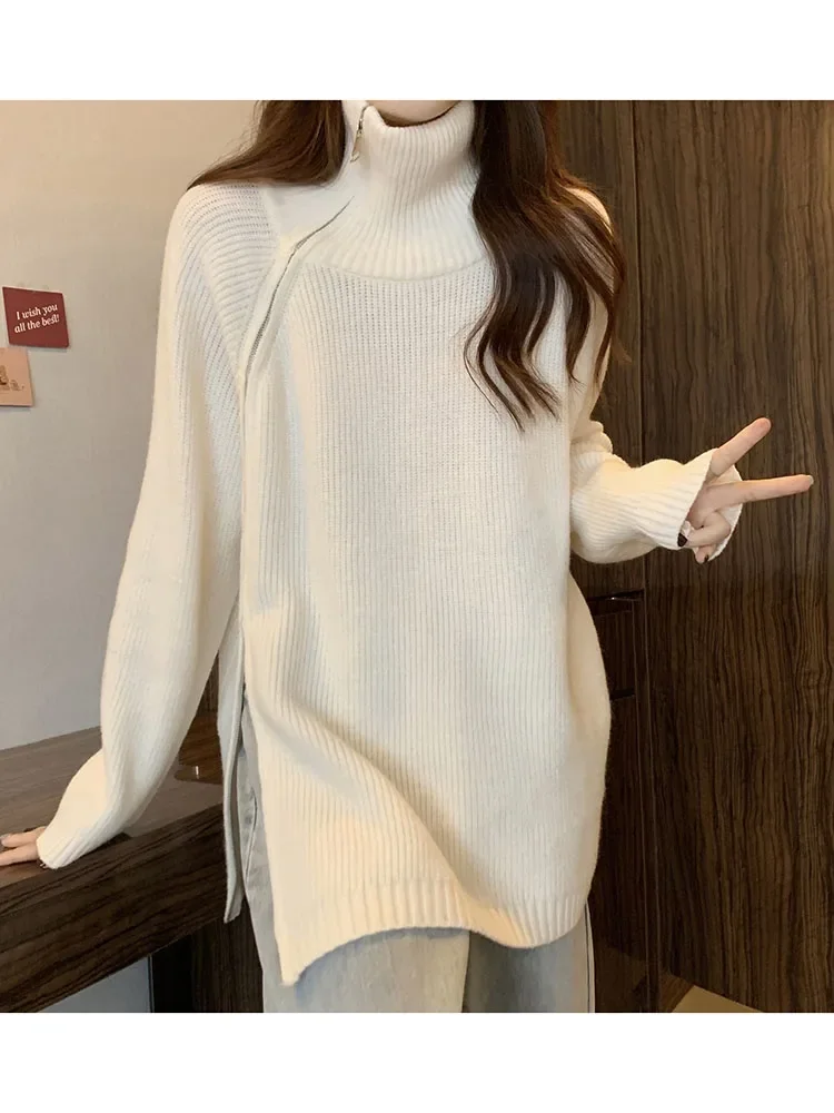 Moteriški rudens megztiniai Korėjietiška versija Tingus stilius Laisvas šoninis užtrauktukas Megztinis aukštu kaklu Vidutinio ilgio megztinis ilgomis rankovėmis D5319