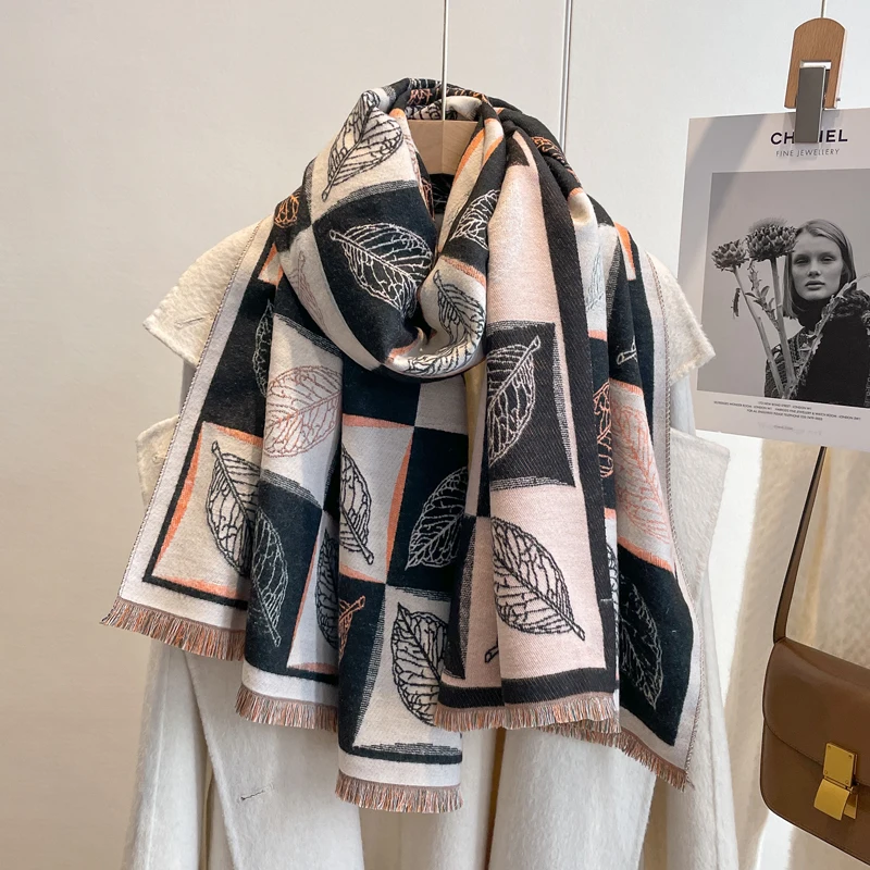 Naujas prabangaus dizaino lapų spausdinimas Kašmyro šalikas Moteriškos skaros Vynioja Lady Minkšta storesnė antklodė Foulard Žiema Pashmina Bandana Bufanda