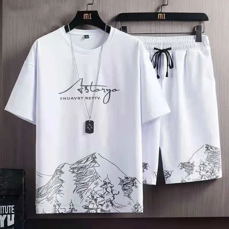 Naujas vasaros vyrų spausdinimo sportinis kostiumas Fashion Ice Silk marškinėliai trumpomis rankovėmis ir šortai Dviejų dalių komplektai Vyriški dizainerių drabužiai