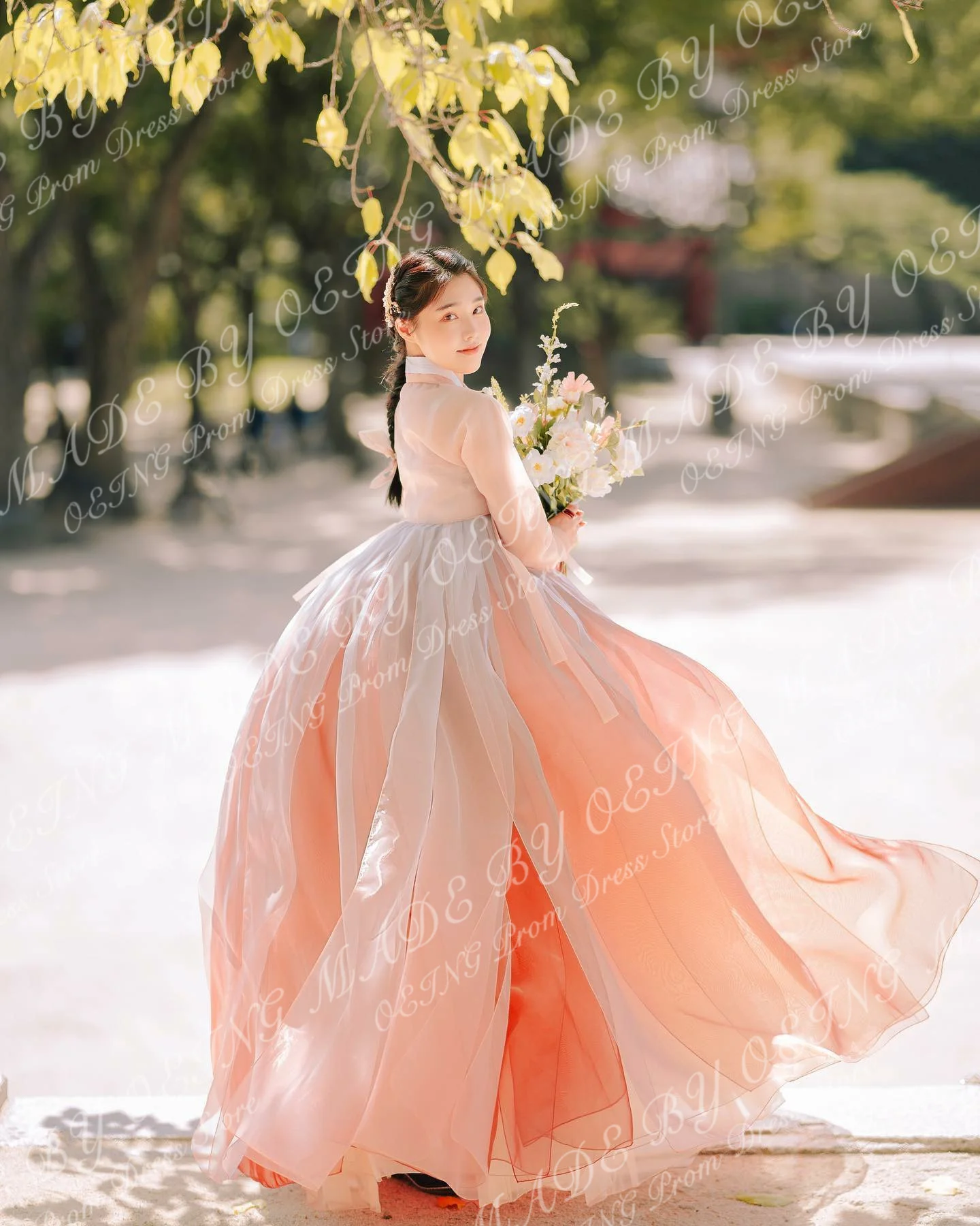 OEING Korea Blush Pink Porm Suknelės Elegantiškos Organza ilgomis rankovėmis Grindų ilgis Tiulis Pakopinis A linijos vakariniai chalatai fotosesijai