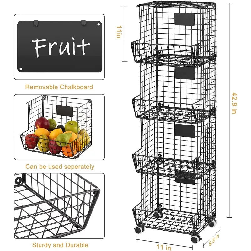 Oumilen 4 pakopos valcavimo vaisių krepšelis Virtuvė Metalinė viela Daržovių vaisių krepšelis, Juoda