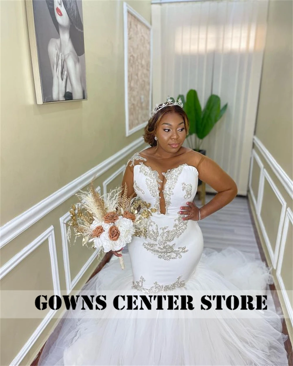 Pagal užsakymą sukurta Afrikos baltoji undinėlė vestuvinė suknelė ilgomis rankovėmis moterims 2023 Nuotakos šviesaus aukso aplikacijos Nuotakos suknelės Tiulio traukinys