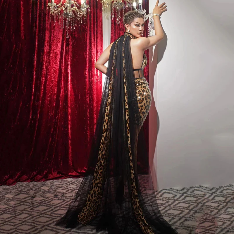 Seksualios leopardo kalnų krištolo vakarinės suknelės be rankovių tuščiavidurė suknelė tinklelis Apsiaustas Moterų gimtadienio vakarėlio kostiumas Festivalio apranga XS4762