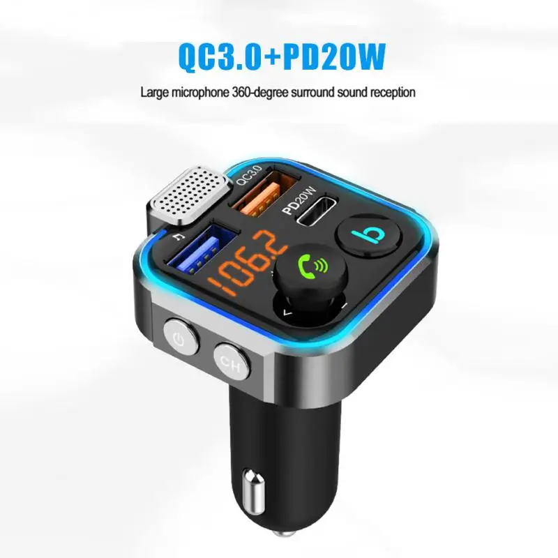Su automobilio Bluetooth suderinamas 5.0 FM siųstuvas Vieno klavišo žemųjų dažnių Mp3 grotuvas Didelis mikrofonas USB Muzika Leisti QC3.0 PD20W greitasis įkroviklis