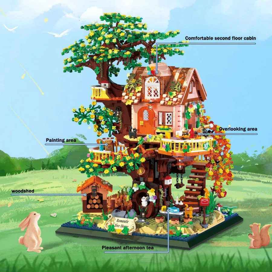 Tree House Street View architektūros serija Pavasario rudens perjungimas 2 variantų formos Mini statybinių blokų dalelių surinkimas Žaislai