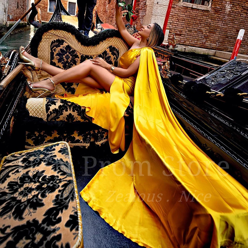UZN Elegantiška undinėlės suknelė Seksuali vieno peties vakarinė suknelė Geltona grindų ilgis Saudo Arabija Vestuviniai prom chalatai Individualus dydis