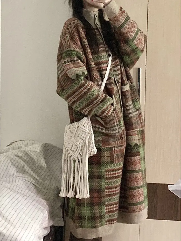 Vintažinis megztas megztinis Moterys Ruduo Žiema Laisvas retro kontrastinis skydelis Aukštas kaklas Vidutinio ilgio virš kelių Megztinis Paltas Drabužiai