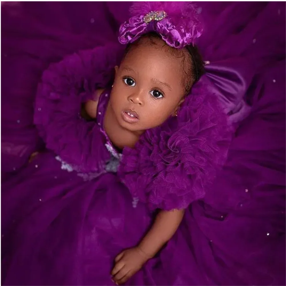 Violetiniai nėrinių kristalai Gėlių mergaitės suknelės Rutulinis chalatas Tiulis Elegantiškas Lilttle Kids gimtadienis Pageant Weddding chalatai Grindų ilgis 2024