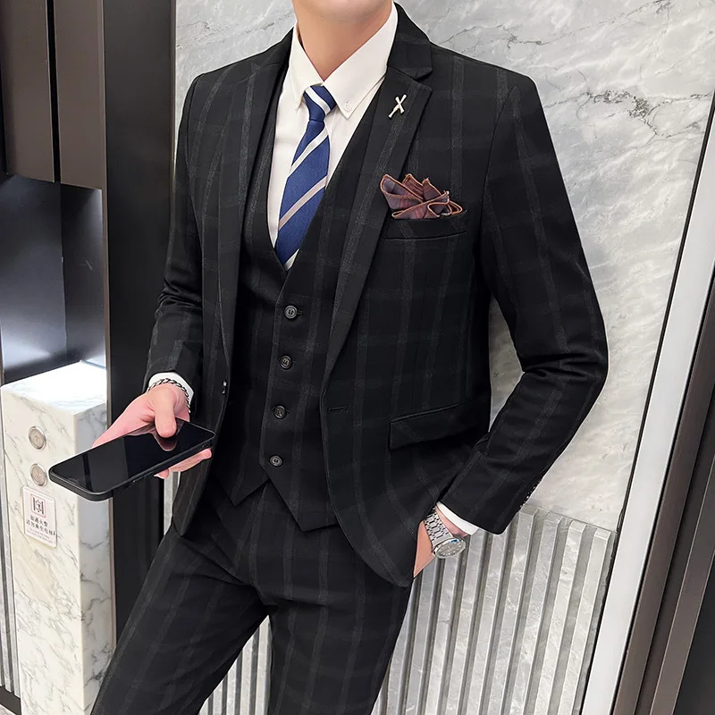 Vyriškas kostiumas (Blazer+Vest+Pant) Anglijos stiliaus pledas Juoda pilka vestuvinė suknelė verslo banketas Elegantiškas švarko paltas Vyriškas 3 dalių komplektas