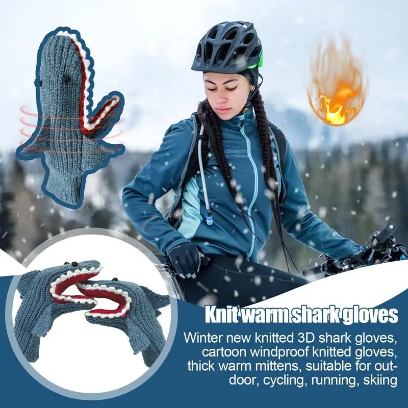 Šiltos dviračių pirštinės Šiltos megztos pirštinės 3D ryklio dizainas Pilnas pirštas Sutirštintos mielos moterys Žieminės kumštinės pirštinės šaltam orui
