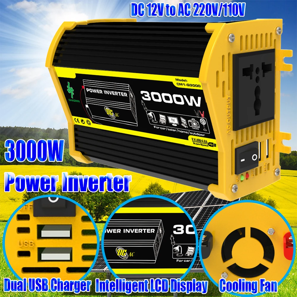 3000W Automobilio įtampos transformatorius DC 12V į AC 110/220V Dvigubas USB automobilinis įkroviklis Keitiklis Modifikuotas sinusinės bangos nešiojamasis galios keitiklis