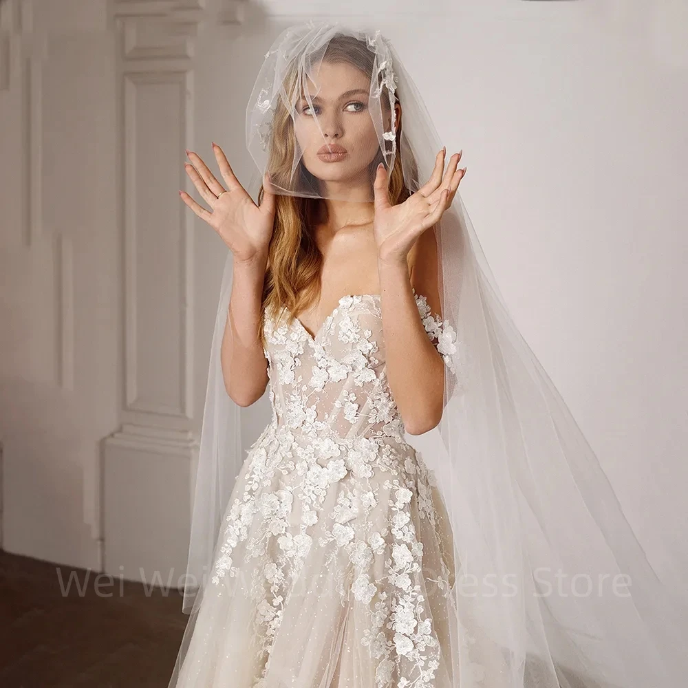 A-Line Off the Shoulder Vestuvinė suknelė be rankovių su 3D gėlėmis Pūstos tiulio aplikacijos Nėriniai Pagal užsakymą pagaminti traukinio nuotakos chalatai