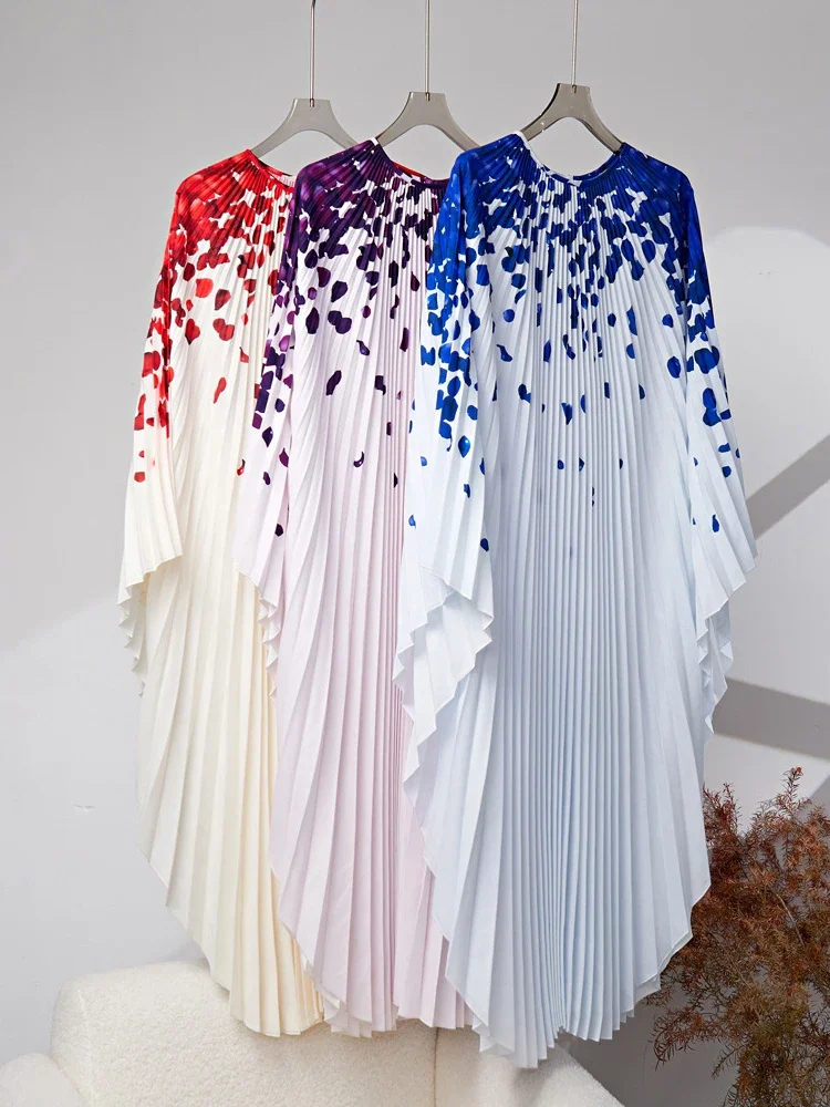 ALSEY Miyake Plisuota mada Margintos suknelės apvaliu kaklu Batwing rankovėmis moterims Pavasario rudens naujos elegantiškos plius dydžio suknelės