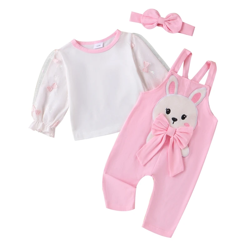 Baby Girl 3 Piece Set Round Neck Long Sleeve Tops Rabbit Patch siuvinėjimo kombinezonas Galvos juosta Baby Toddler Velykų apranga
