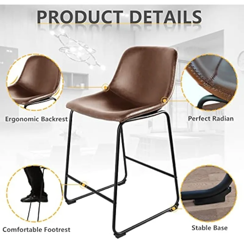 Baldų prekystalio kėdžių rinkinys 2, 24 colių prekystalio aukščio baro kėdės, dirbtinės odos prekystalio kėdės, metalinės kojos ir minkštas atlošas