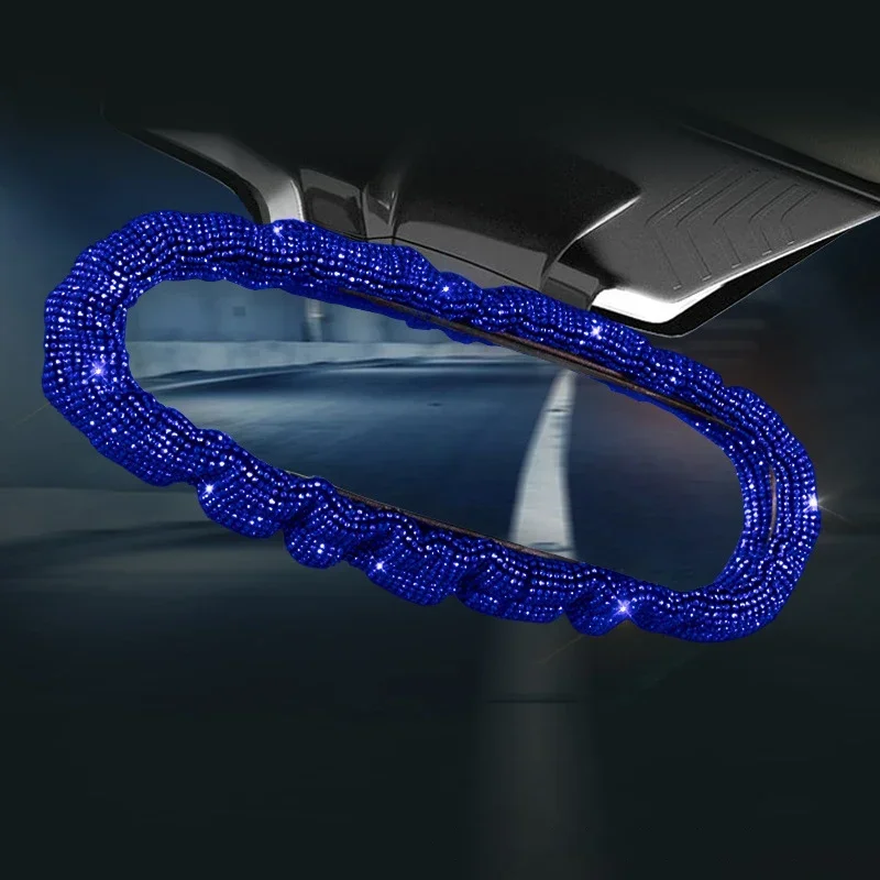 Blue Rhinestone Automobilio galinio vaizdo veidrodėlis Rankinio stabdžio pavarų perjungimo porankis Dangtelis Pečių pagalvėlės dekoro rinkinys Bling Automobilių aksesuarai moterims