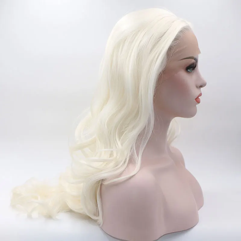Bombshell White Synthetic Nėrinių priekiniai perukai Be klijų biri banga Aukštos kokybės karščiui atsparus pluoštas Iš anksto nupešta plaukų linija moterims