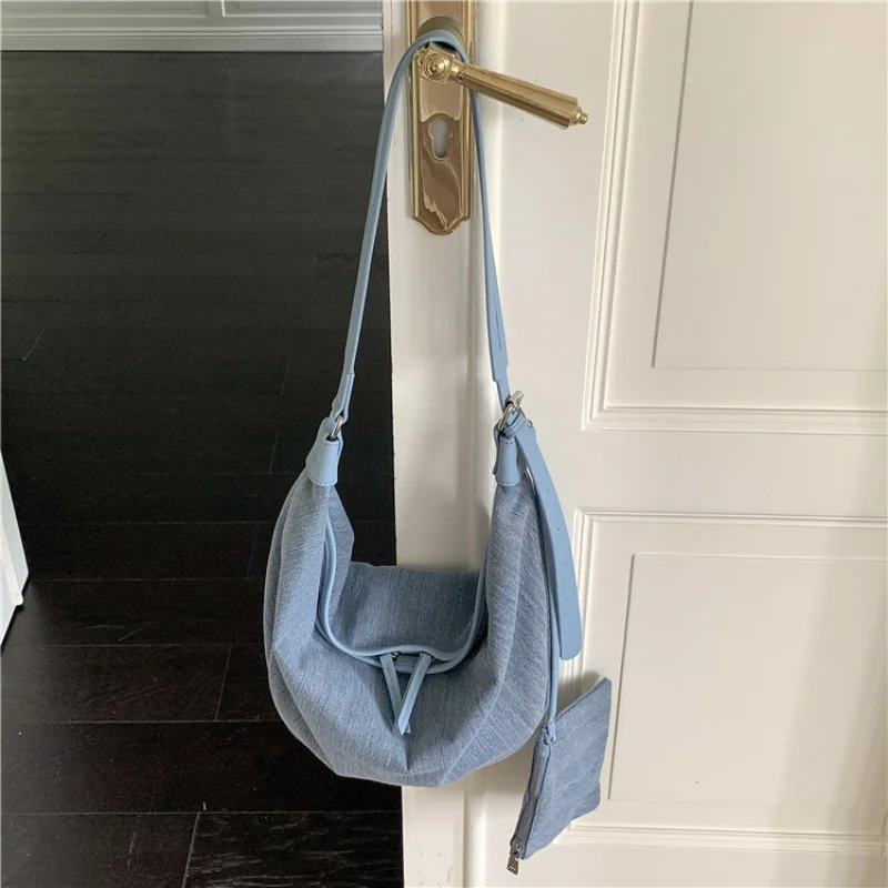 Chikage daugiafunkcis džinsinis krepšys per petį Niša Creative Shoulder Bag Didelės talpos laisvalaikio moteriškas dvigubas užtrauktukas Crossbody krepšys