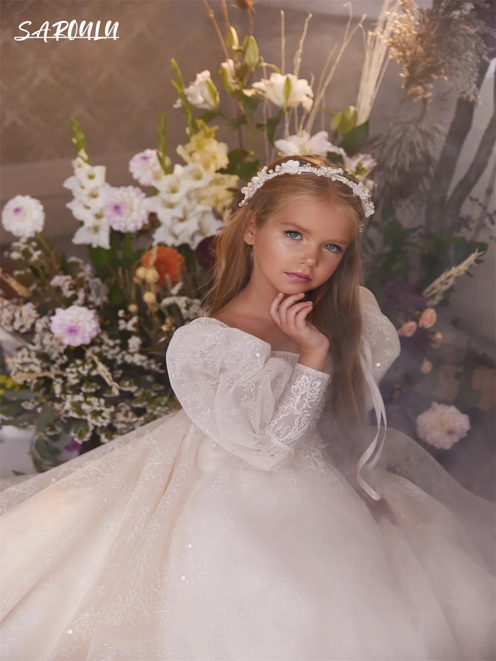 Elegantiški blizgučiai Žibintų rankovės Gėlių suknelės Romantiškos aplikacijos Suknelė iki grindų vaikams Grakštus Vestidos De Novia