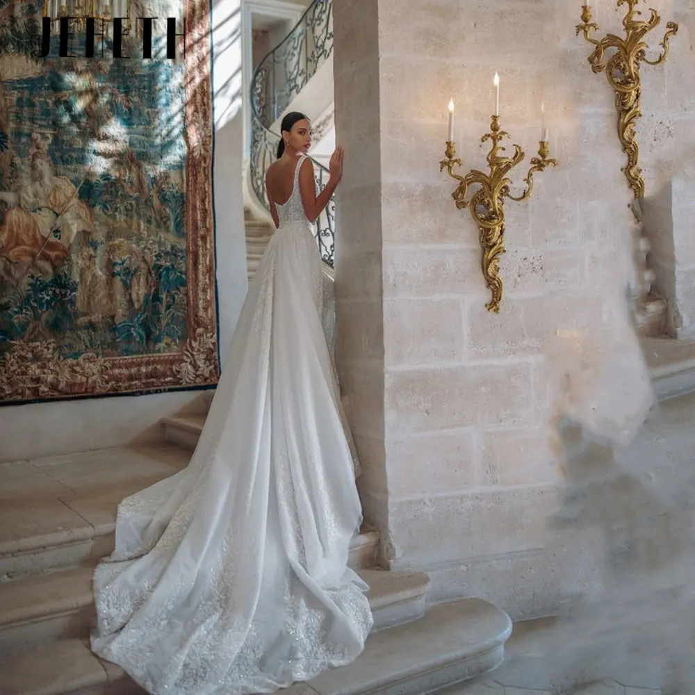 JEHETH Išskirtinė kvadratinio kaklo A-Line vestuvinė suknelė Klasikinė aplikacija Tiulio nuotakos suknelė Undinėlė Spagečių dirželiai Vestidos De Novia