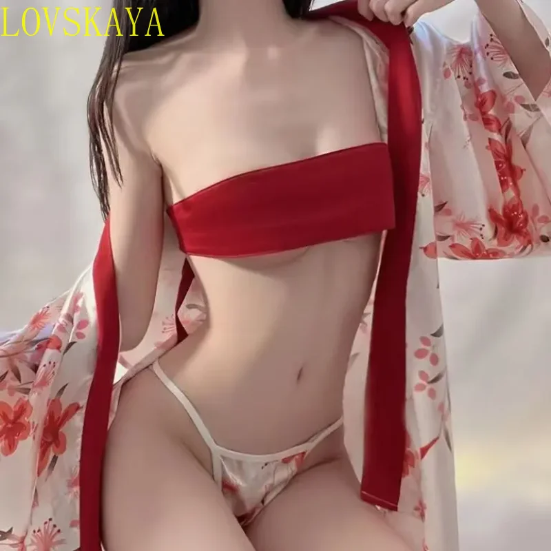 Japoniškas kimono seksualus moteriškas diržas surištas chalatas karšta pižama žemo kirpimo suknelė moteriška seksuali Yukata drabužių pižama mielas apatinio trikotažo komplektas