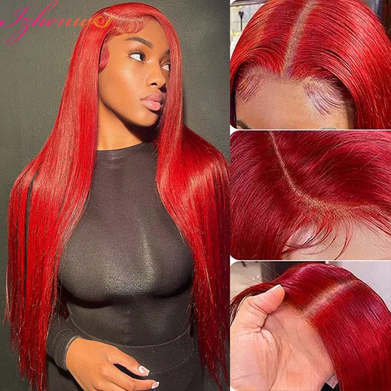 Karšti raudoni tiesūs nėrinių priekiniai perukai 13x4 13x6 nėrinių priekiniai perukai be klijų, iš anksto nupešti Brazilijos spalvos žmogaus plaukų perukai moterims