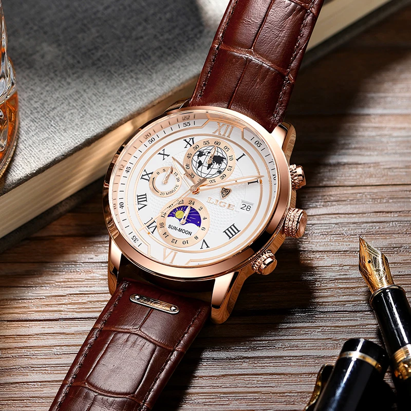 LIGE Vyriški laikrodžiai Aukščiausio prekės ženklo prabangus verslas Madingas odinis dirželis Kvarcinis laikrodis vyrams Laisvalaikio sportas Neperšlampamas šviečiantis vyro laikrodis