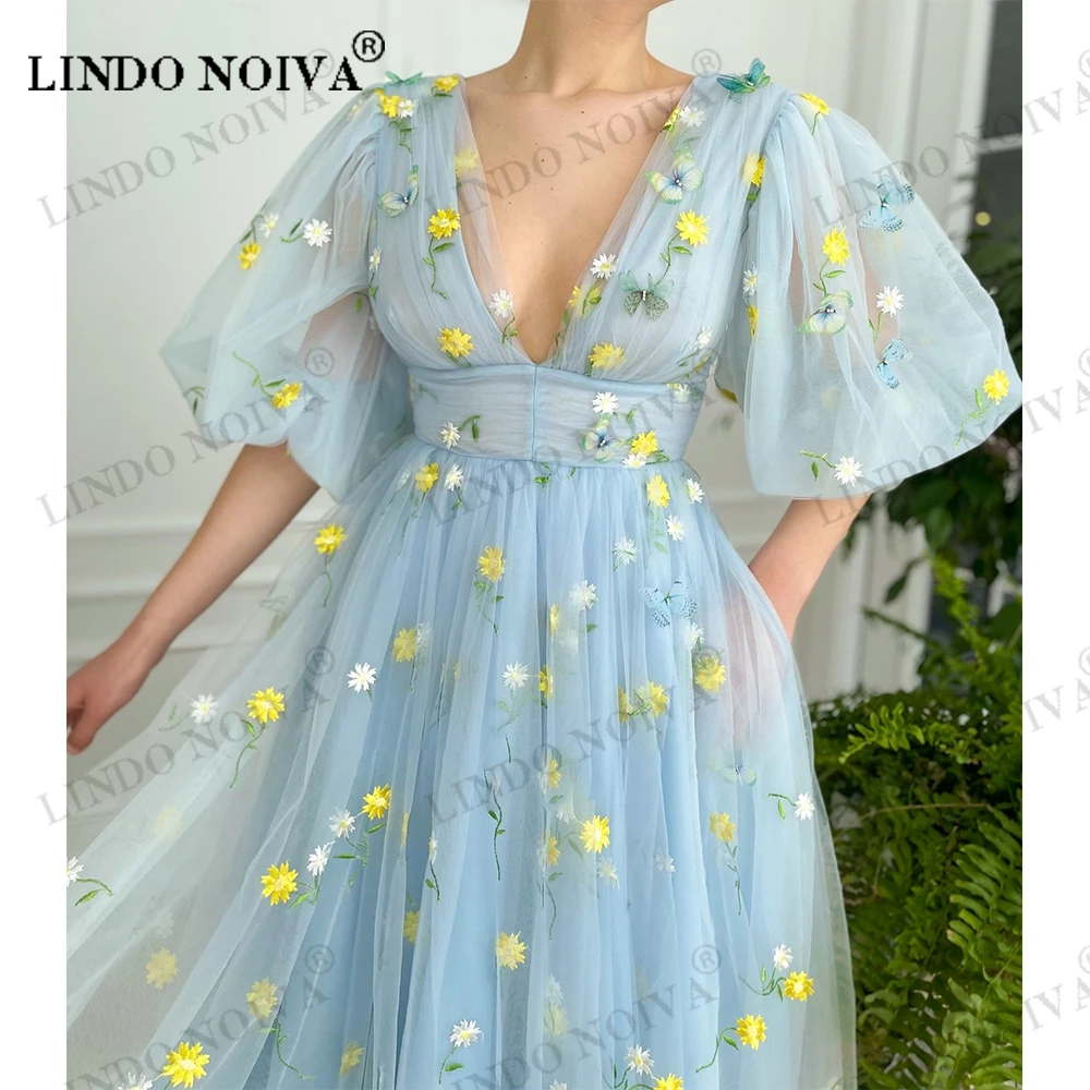LINDO NOIVA Blue Tulle Deep V Neck Midi Prom suknelės 2023 Pusiau pūstomis rankovėmis siuvinėtos nėriniai Prom chalatai Vestuvinė suknelė