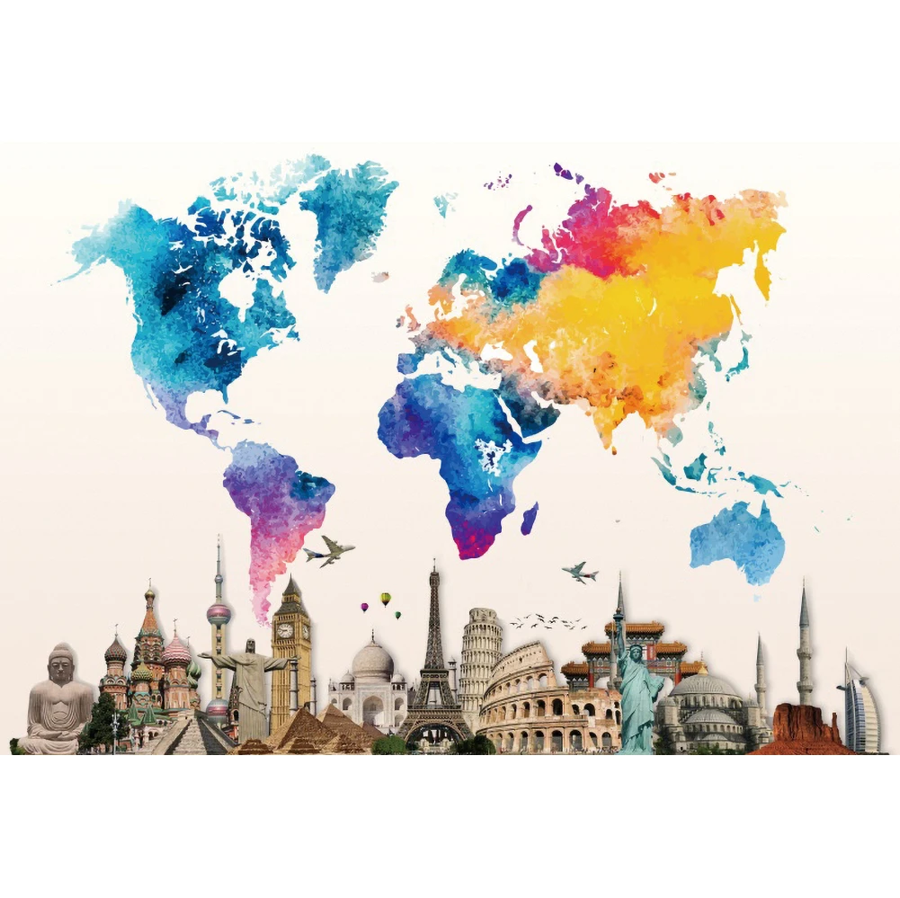 Laeacco Senovinė akvarelė Pasaulio žemėlapis Foninė fotografija Big Beno Laisvės statula Pasviręs bokštas Foto fonas Foto