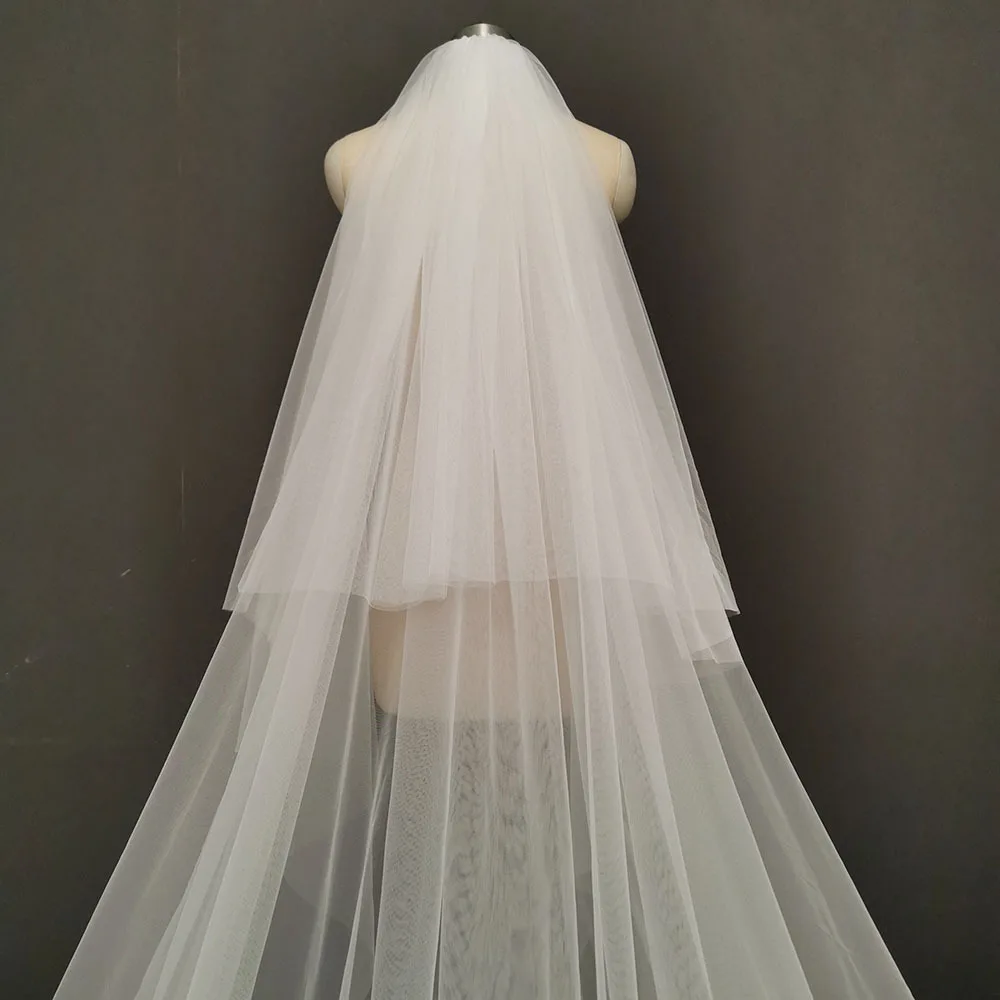 Long Wedding Bridal Veils Lace Appiques Edge 4 MCathedral Veil with Comb Ivory Luxury Velo de Novia Voile Mariee