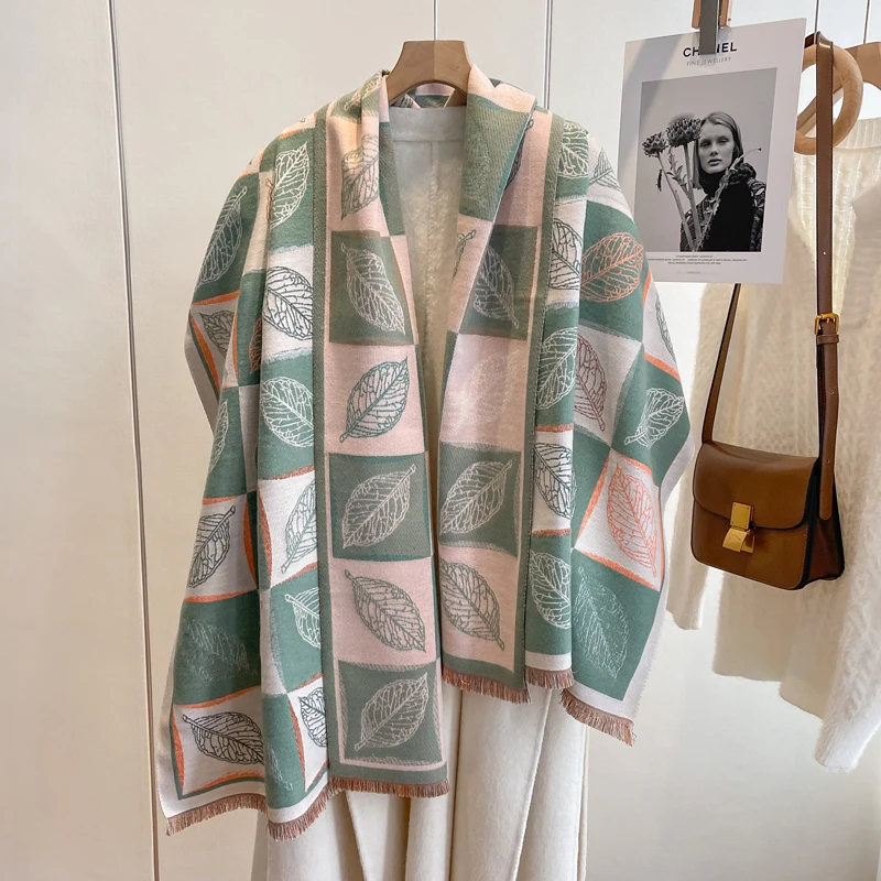 Naujas prabangaus dizaino lapų spausdinimas Kašmyro šalikas Moteriškos skaros Vynioja Lady Minkšta storesnė antklodė Foulard Žiema Pashmina Bandana Bufanda