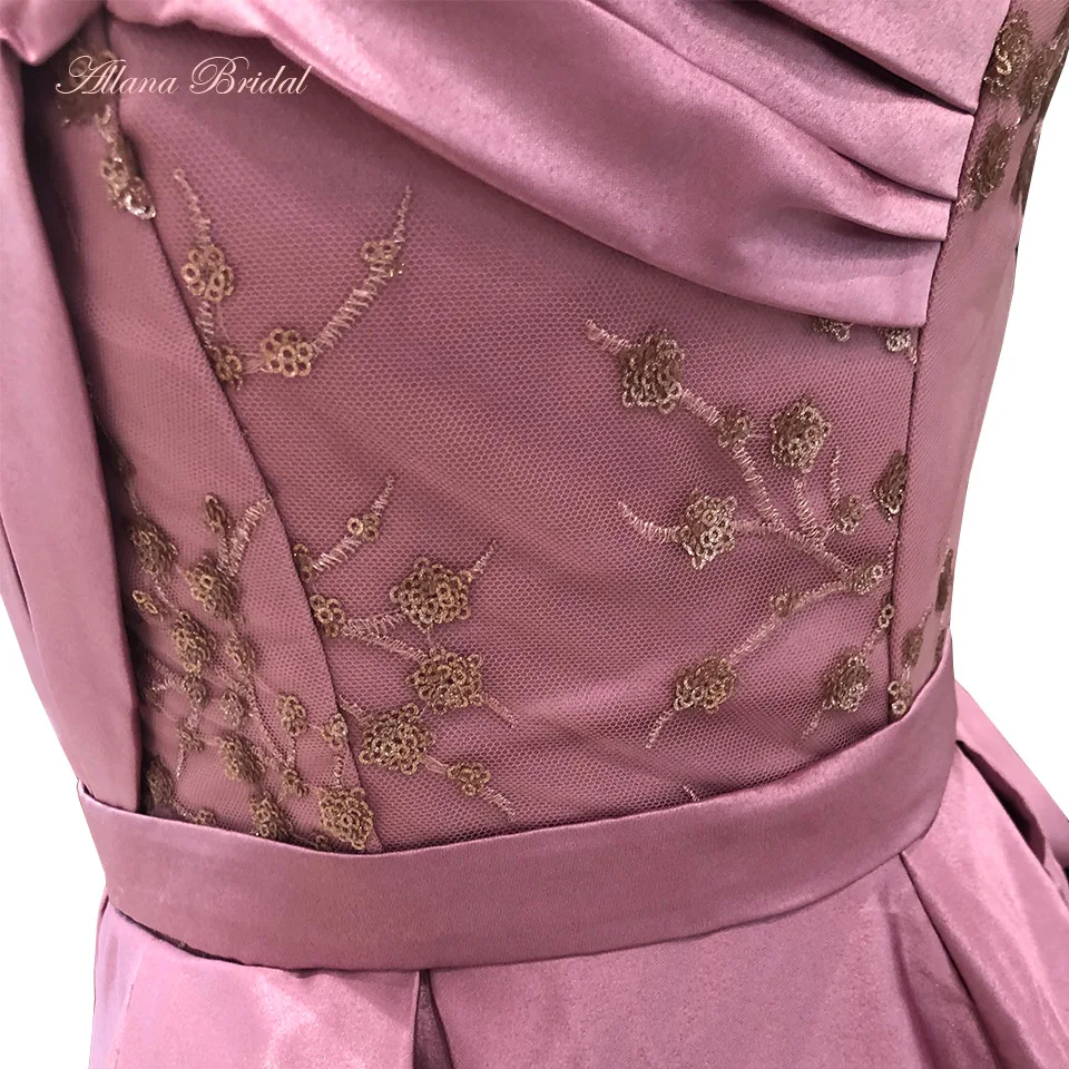 One Shoulder Dusty Pink Satin Prom Suknelės 2023 su kišenėmis moterims Pleat Ilgi oficialūs chalatai su aplikacijomis ir šoniniu plyšiu