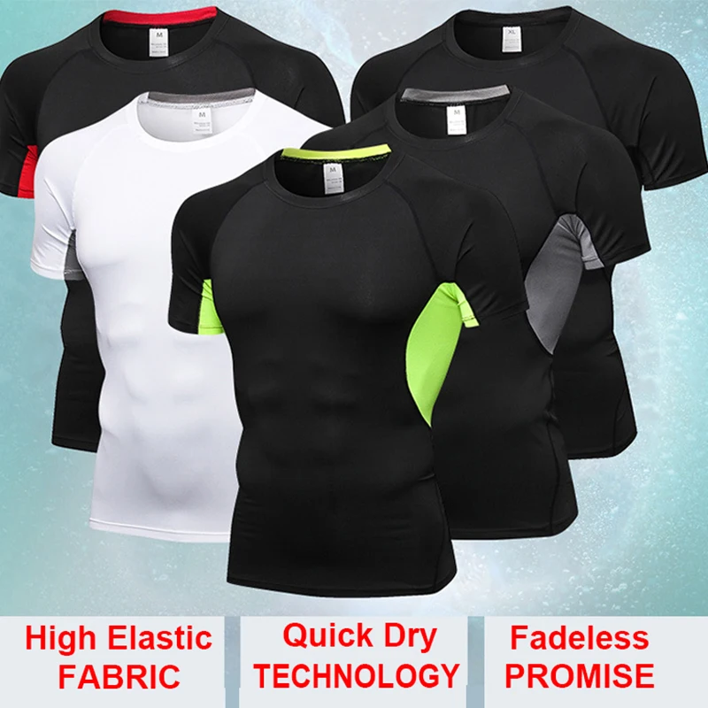 Quick Dry Slim Fit Trišakiai Vyriški Patchwork tinkliniai marškinėliai Kompresiniai marškiniai Tops Gym Kultūrizmas Fitness O-Neck marškinėliai trumpomis rankovėmis