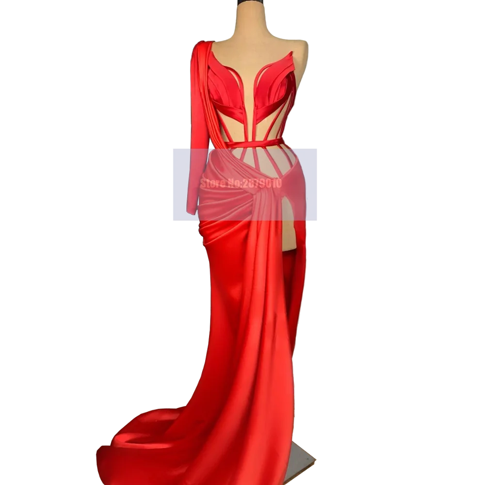 Ryškiai raudona undinėlės vakarinė suknelė grindų ilgio vieno peties iškirpta suknelė 