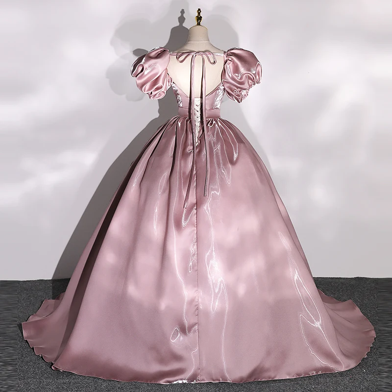 Saldžios rožinės princesės Quinceanera suknelės Seksualios V formos kaklo satino spindinčios Suknia Balowa Vintage Puff Sleeve Ball chalatai 4 spalvos