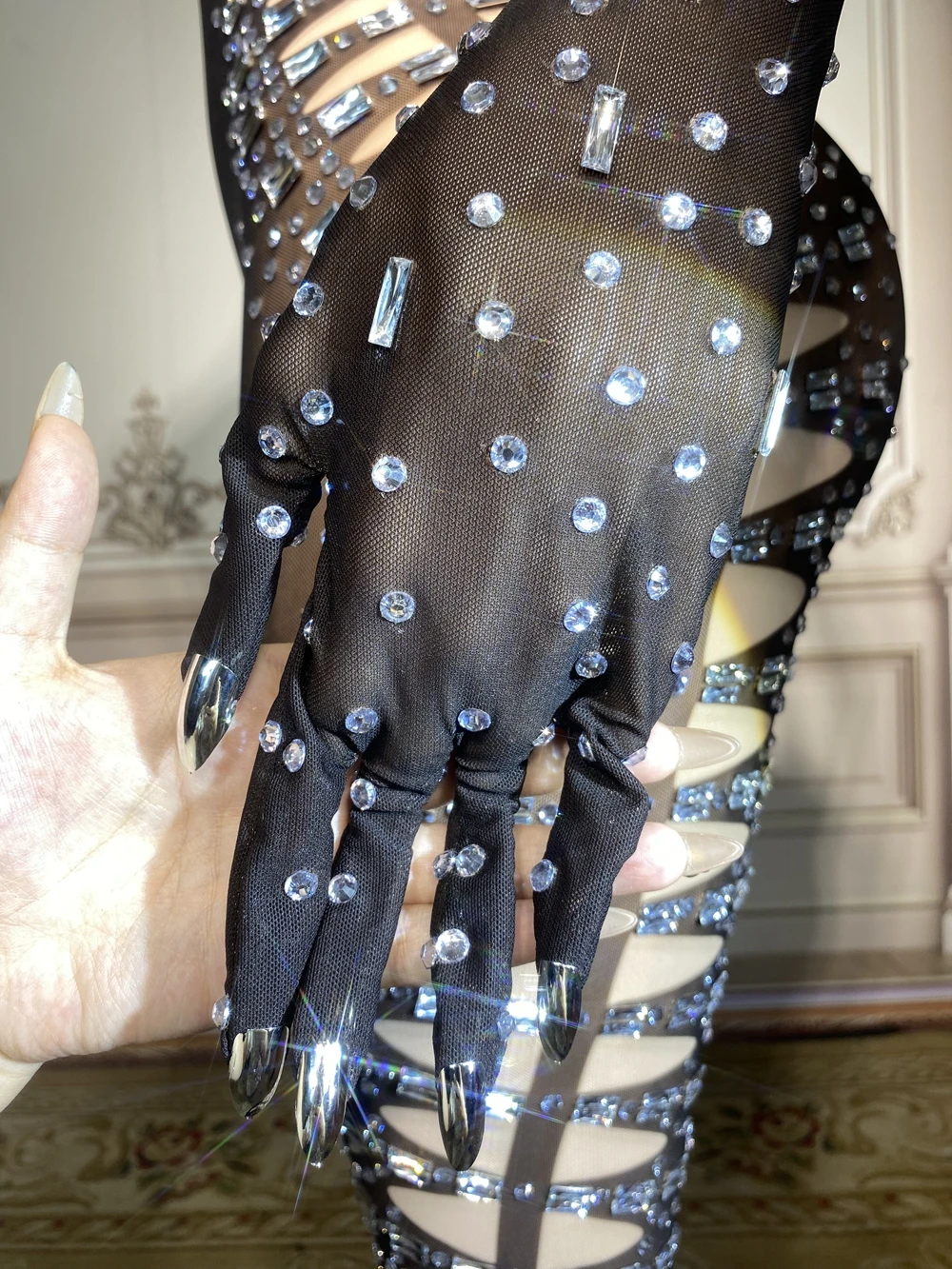 Sexy Black Mesh Transparent Rhinestones Jumpbine Gloves Women Evening Birthday Outfit Performance Show Dance Kostiumas Scenos apranga
