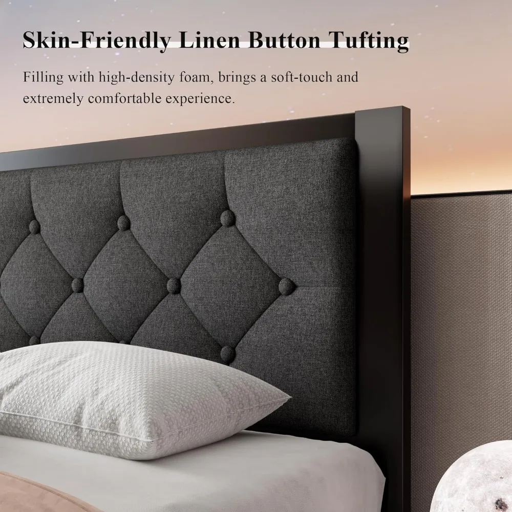 Sofa Lovos pagrindas ir rėmas Dviejų dydžių metalinis lovos rėmas su linu Apmuštas galvūgalio čiužiniai Plieniniai skersiniai palaiko pilką dieninę lovą