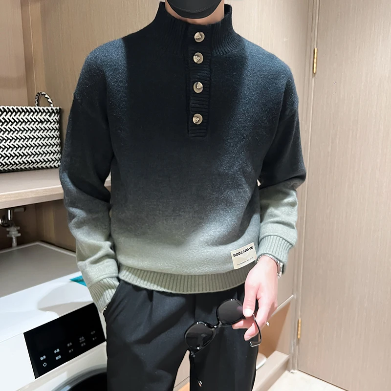 Streetwear Vintage Mock Neck Pullover Megztinis Vyrai Prekės ženklas Gradiento spalva Vyriški megztiniai Aukštos kokybės patogūs Pull Homme