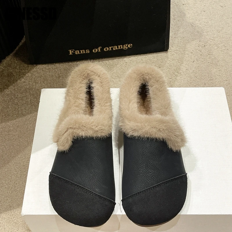 Vintage Loafers Moteriški kailiniai trumpi pliušiniai šilti žiemos moterys 2023 Nauji butai Minkštas padas Comfort Ladies Vienviečiai batai Vaikščiojantis sniegas