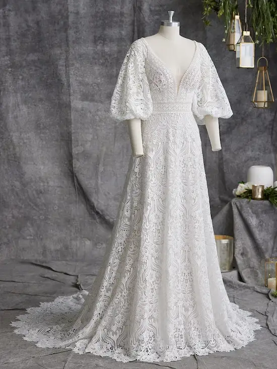 Vintažinės pūstos rankovės V-kaklas Pilnos nėrinių undinės vestuvinės suknelės Šlavimo traukinys Pagal užsakymą pagamintas 2023 m. Vestido De Noival