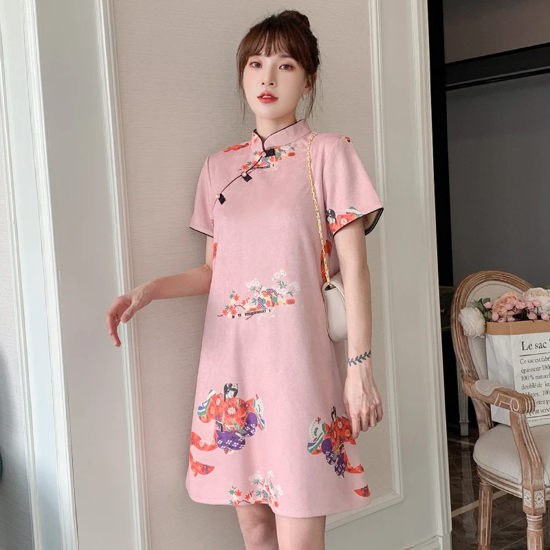 plius dydis M-4XL Pekinas Opera Spausdinti Rožinė mada Šiuolaikinė Cheongsam suknelė moterims Trumpomis rankovėmis Qipao Tradiciniai kinų drabužiai