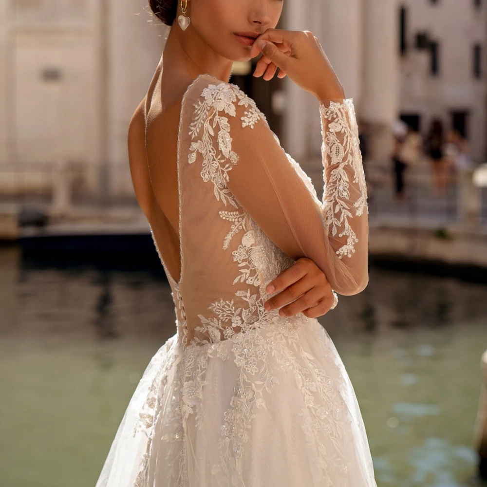 Šiuolaikinės tiulio aplikacijos vestuvinės suknelės V-Neck A linija Vestuviniai chalatai Elegantiški ilgomis rankovėmis nėriniuota suknelė Vestidos de Novia