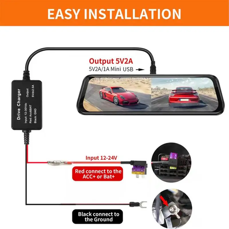 10.5ft Car DashCam Wire Mirror DVR Hardwire Cable Kit Video Recorder 12/24V To 5V Mini USB Charger Auto Dashcam kamera