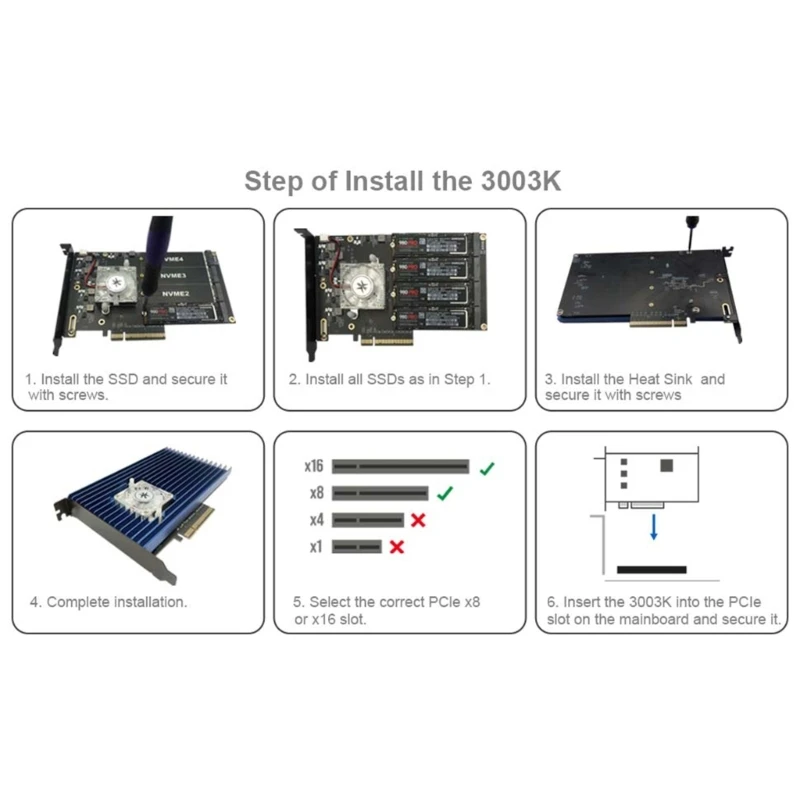 896F 64Gbps PCIe4.0 x16 į NVME programinės įrangos kortelę su 1 lizdu išsiplečia iki 4 lizdų M.2 2280 SSD adapterio kortelė