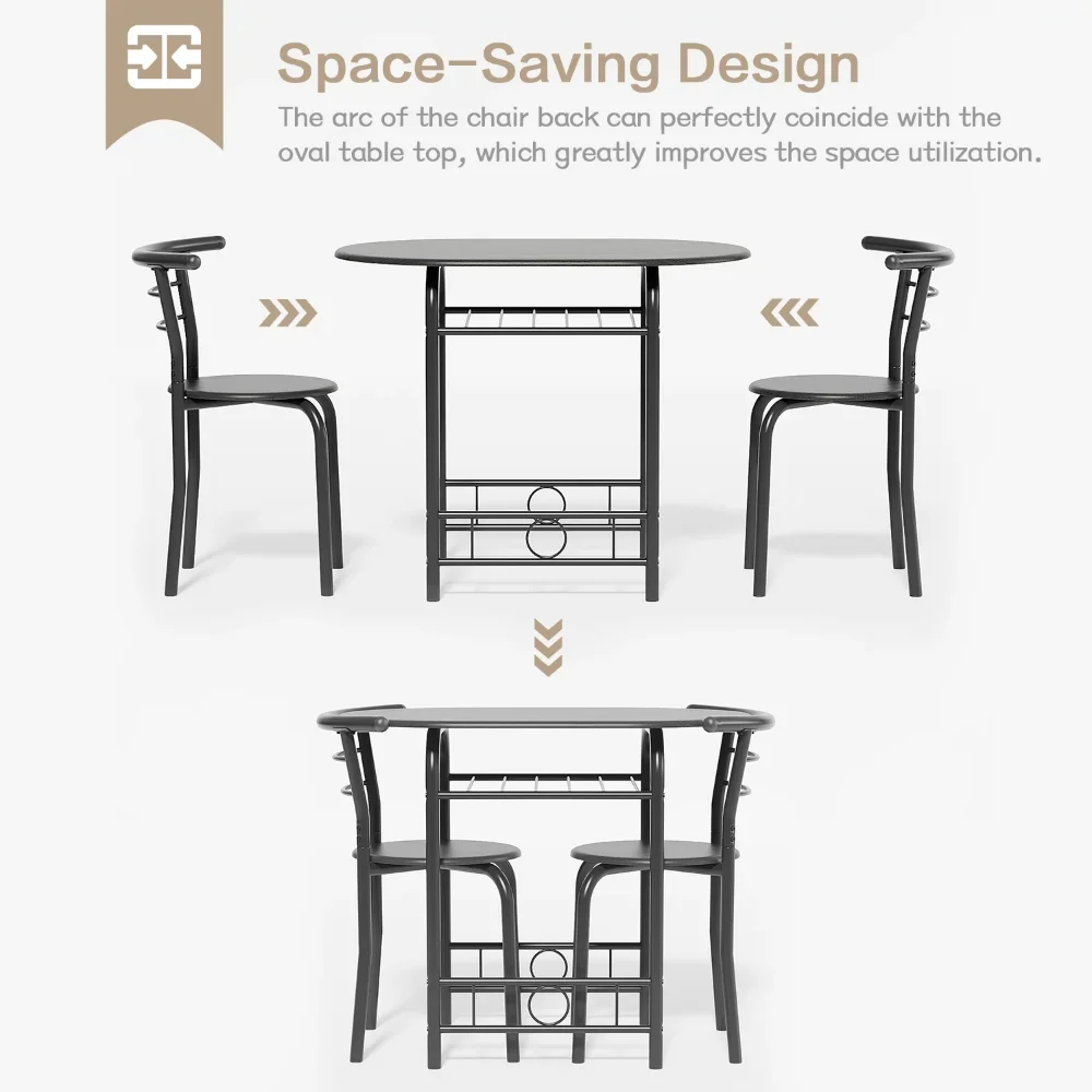 BOUSSAC 3 dalių valgomojo komplektas 2 mažiems virtuvės pusryčių stalo komplektams Vietą taupantis medinės kėdės ir stalo komplektas, juoda