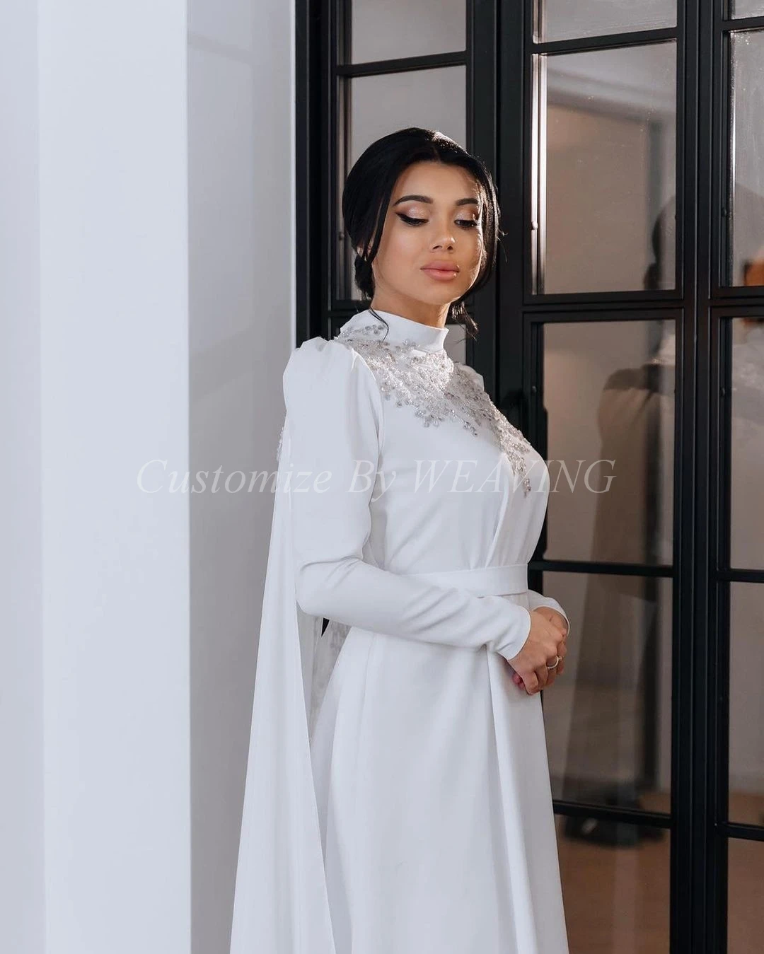 Baltos ilgos rankovės Prom suknelės Aukšto kaklo karoliukai Grindų ilgis Saudo Arabija Vakariniai chalatai Oficiali vakarinė suknelė