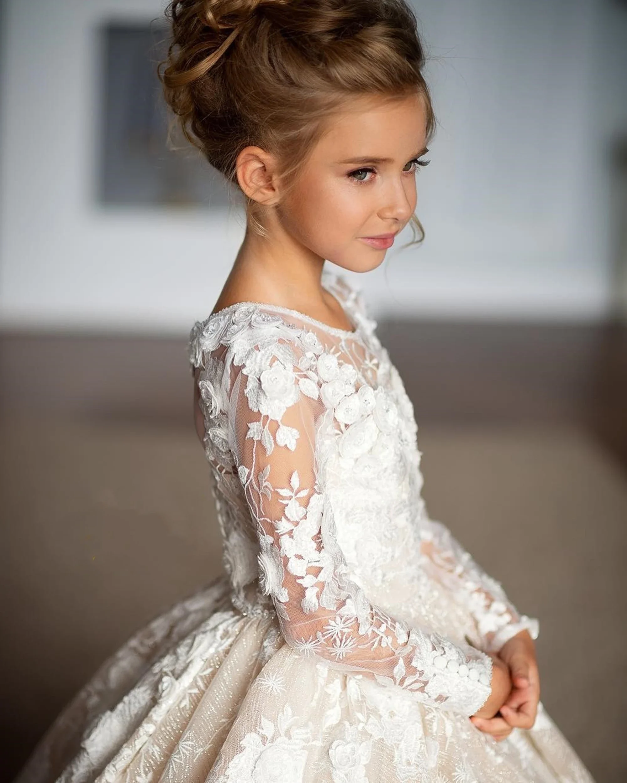 Gėlių mergaitės suknelė Lankai Vaikai ilgomis rankovėmis vestuvėms Vakarėlis Princesė Pirmoji Šventoji Komunija Suknelė Oficiali Tiulio balinė suknelė